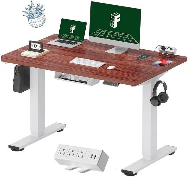 Main image of EN2 Whole-Piece Standing Desk with Clamp Power Strip, 48 x 30 Electric Stand Up Height Adjustable Desk with Cable Management (White Frame + 48" Mahogany Top, 2 Packages)