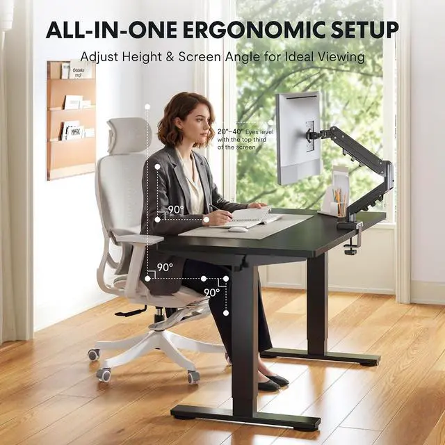 Alt view image 2 of 7 - EN2 55''x28'' Standing Desk with Monitor Mount Bundle, 1" Thick One-Piece Desktop, Fully Adjustable Single Monitor Arm with Cable Management, Bundle for Home Office, Gaming & Study, Black