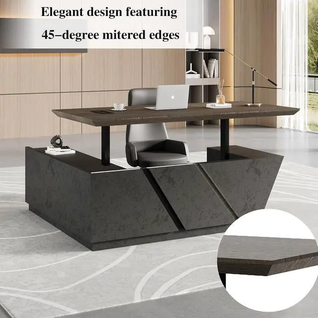 Alt view image 6 of 7 - 86.6" Adjustable Height L-Shaped Executive Desk with LED Light Strip - Black Inverted Trapezoid Design, Includes Storage Cabinet with Drawers & Doors, Ergonomic Standing Office Desk for Home & Office