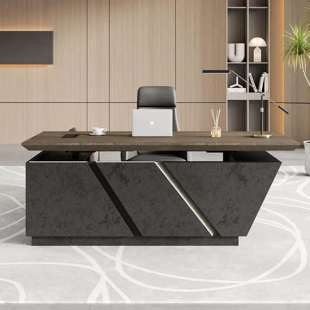 Alt view image 7 of 7 - 86.6" Adjustable Height L-Shaped Executive Desk with LED Light Strip - Black Inverted Trapezoid Design, Includes Storage Cabinet with Drawers & Doors, Ergonomic Standing Office Desk for Home & Office