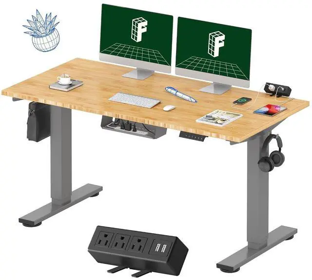Main image of EN2 Bamboo Standing Desk with Clamp Power Strip, 55 x 28 Electric Stand Up Height Adjustable Desk with Cable Management (Grey Frame + 55" Bamboo Top, 2 Packages)