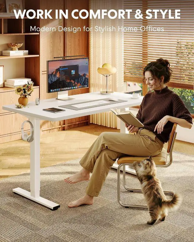 Alt view image 4 of 7 - EN1 One-Piece Standing Desk with 1-Inch Thick Seamless Desktop, 55"x28" Electric Height Adjustable Desk for Home Office, Multi-Monitor Setups & Easy Assembly, White