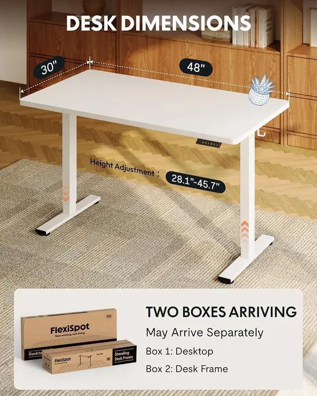 Alt view image 5 of 7 - EN1 One-Piece Standing Desk with 1-Inch Thick Seamless Desktop, 48"x30" Electric Height Adjustable Desk for Home Office, Multi-Monitor Setups & Easy Assembly, White