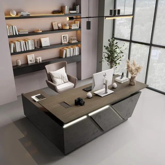 Alt view image 5 of 7 - 78.74" Adjustable Height L-Shaped Executive Desk with LED Light Strip - Black Inverted Trapezoid Design, Includes Storage Cabinet with Drawers & Doors, Ergonomic Standing Office Desk for Home & Office