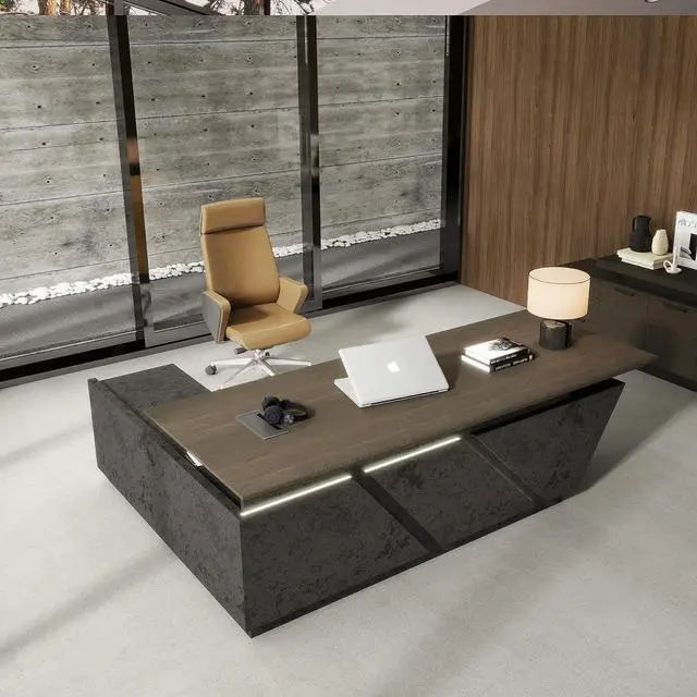 Alt view image 4 of 7 - 94.5" Adjustable Height L-Shaped Executive Desk with LED Light Strip - Black Inverted Trapezoid Design, Includes Storage Cabinet with Drawers & Doors, Ergonomic Standing Office Desk for Home & Office