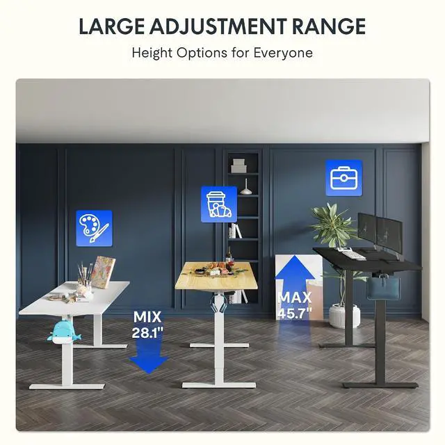 Alt view image 3 of 7 - 55"x28" One-Piece Electric Standing Desk, 1" Thick Seamless Desktop for Home Office, Study & Multi-Monitor Setup, Black