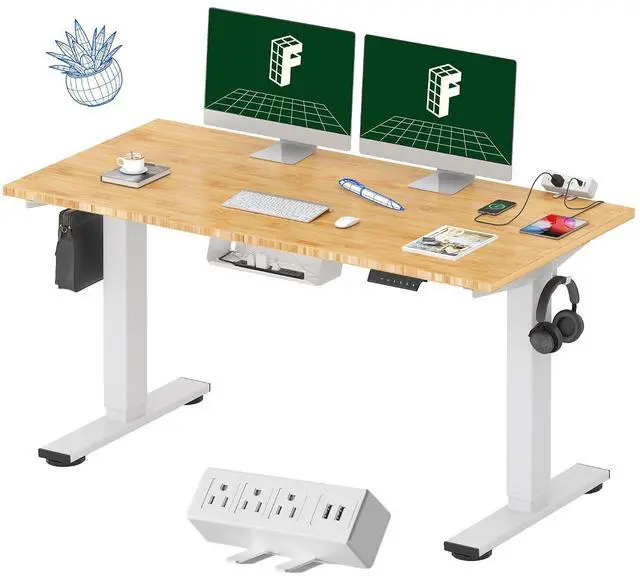 Main image of EN2 Bamboo Standing Desk Clamp Power Strip, 55 x 28 Electric Stand Up Height Adjustable Desk with Cable Management (Grey Frame + 55" Bamboo Top, 2 Packages)