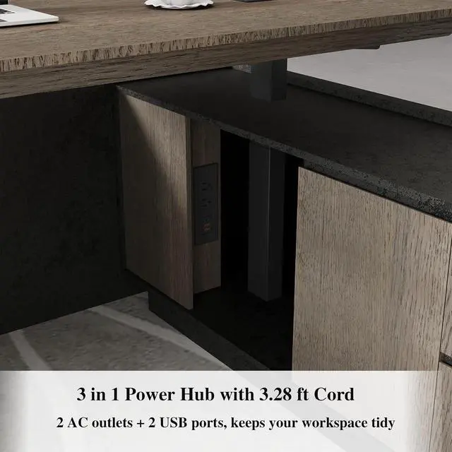 Alt view image 4 of 7 - 78.74" Adjustable Height L-Shaped Executive Desk with LED Light Strip - Black Inverted Trapezoid Design, Includes Storage Cabinet with Drawers & Doors, Ergonomic Standing Office Desk for Home & Office