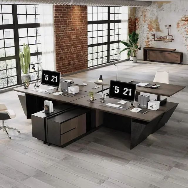 Alt view image 6 of 7 - 78.74" Adjustable Height L-Shaped Executive Desk with LED Light Strip - Black Inverted Trapezoid Design, Includes Storage Cabinet with Drawers & Doors, Ergonomic Standing Office Desk for Home & Office