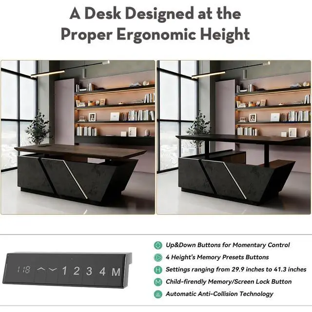 Alt view image 7 of 7 - 78.74" Adjustable Height L-Shaped Executive Desk with LED Light Strip - Black Inverted Trapezoid Design, Includes Storage Cabinet with Drawers & Doors, Ergonomic Standing Office Desk for Home & Office