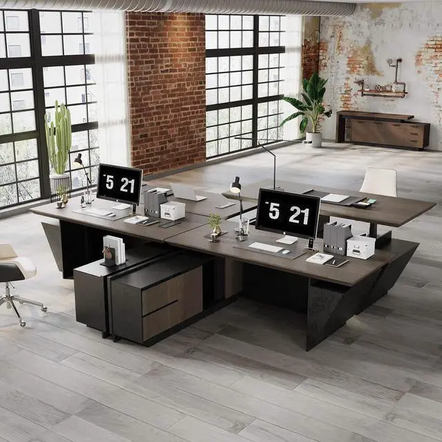 Alt view image 5 of 7 - 78.74" Adjustable Height L-Shaped Executive Desk with LED Light Strip - Black Inverted Trapezoid Design, Includes Storage Cabinet with Drawers & Doors, Ergonomic Standing Office Desk for Home Left