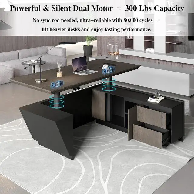 Alt view image 3 of 7 - 78.74" Adjustable Height L-Shaped Executive Desk with LED Light Strip - Black Inverted Trapezoid Design, Includes Storage Cabinet with Drawers & Doors, Ergonomic Standing Office Desk for Home & Office