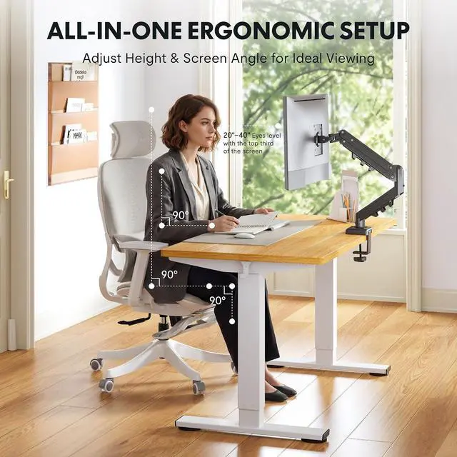 Alt view image 2 of 7 - EN2 55''x28'' Standing Desk with Monitor Mount Bundle, 1" Thick One-Piece Desktop, Fully Adjustable Single Monitor Arm with Cable Management, Bundle for Home Office, Gaming & Study, Maple