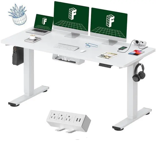 Main image of EN2 Whole-Piece Standing Desk with Clamp Power Strip, 60 x 24 Electric Stand Up Height Adjustable Desk with Cable Management (White Frame + 60" White Desktop, 2 Packages)