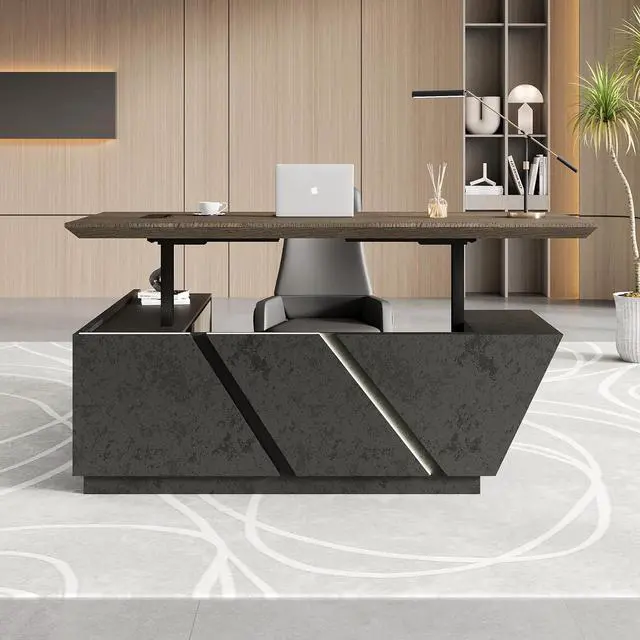 Alt view image 5 of 7 - 86.6" Adjustable Height L-Shaped Executive Desk with LED Light Strip - Black Inverted Trapezoid Design, Includes Storage Cabinet with Drawers & Doors, Ergonomic Standing Office Desk for Home & Office