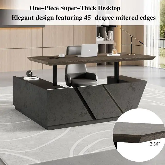 Alt view image 4 of 7 - 78.74" Adjustable Height L-Shaped Executive Desk with LED Light Strip - Black Inverted Trapezoid Design, Includes Storage Cabinet with Drawers & Doors, Ergonomic Standing Office Desk for Home Left