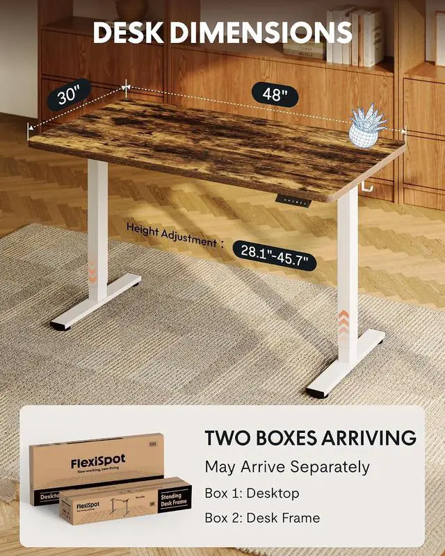 Alt view image 5 of 7 - EN1 One-Piece Standing Desk with 1-Inch Thick Seamless Desktop, 48"x30" Electric Height Adjustable Desk for Home Office, Multi-Monitor Setups & Easy Assembly, Rustic Brown