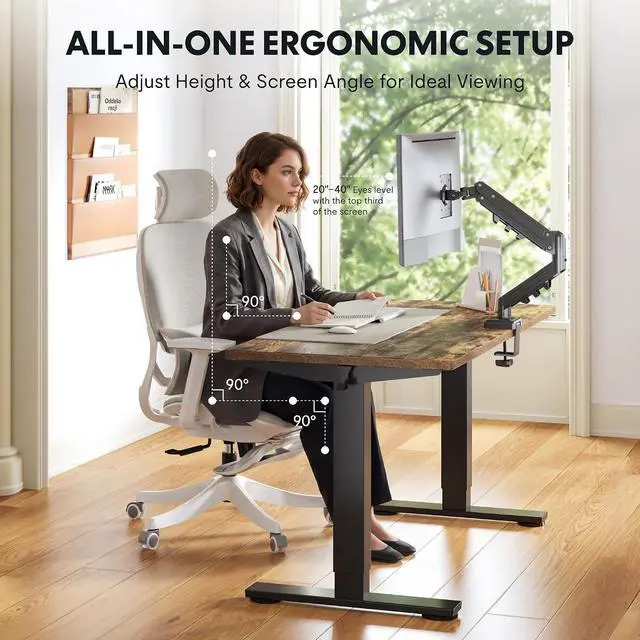 Alt view image 2 of 7 - EN2 55''x28'' Standing Desk with Monitor Mount Bundle, 1" Thick One-Piece Desktop, Fully Adjustable Single Monitor Arm with Cable Management, Bundle for Office, Gaming & Study, Rustic Brown