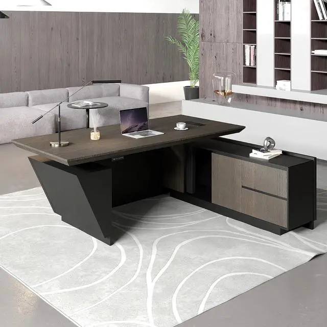 Alt view image 7 of 7 - 94.5" Adjustable Height L-Shaped Executive Desk with LED Light Strip - Black Inverted Trapezoid Design, Includes Storage Cabinet with Drawers & Doors, Ergonomic Standing Office Desk for Home & Office