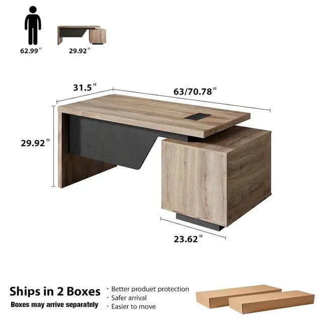 Alt view image 2 of 6 - Extendable Executive Office Desk 62.99" or 70.87", Large Home Office Desk with Reversible Storage Cabinet, Cable Management, Modern Workspace Desk for Business (Right)