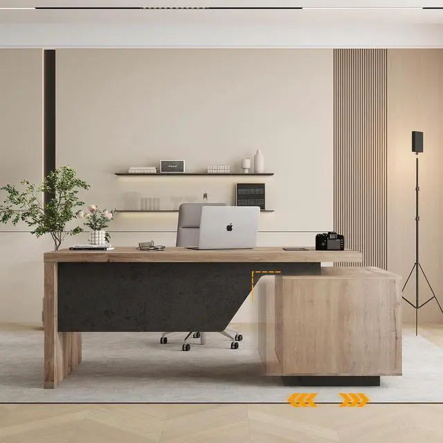 Alt view image 3 of 6 - Extendable Executive Office Desk 62.99" or 70.87", Large Home Office Desk with Reversible Storage Cabinet, Cable Management, Modern Workspace Desk for Business (Right)