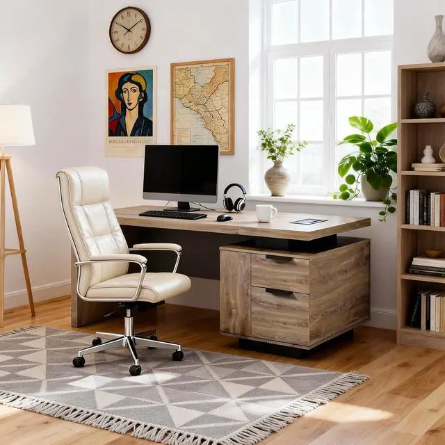 Alt view image 4 of 6 - Extendable Executive Office Desk 62.99" or 70.87", Large Home Office Desk with Reversible Storage Cabinet, Cable Management, Modern Workspace Desk for Business (Right)