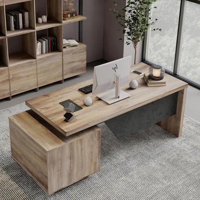 Main image of Extendable Executive Office Desk 62.99" or 70.87", Large Home Office Desk with Reversible Storage Cabinet, Cable Management, Modern Workspace Desk for Business (Right)