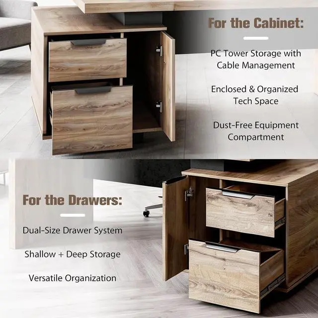 Alt view image 5 of 6 - Extendable Executive Office Desk 62.99" or 70.87", Large Home Office Desk with Reversible Storage Cabinet, Cable Management, Modern Workspace Desk for Business (Right)