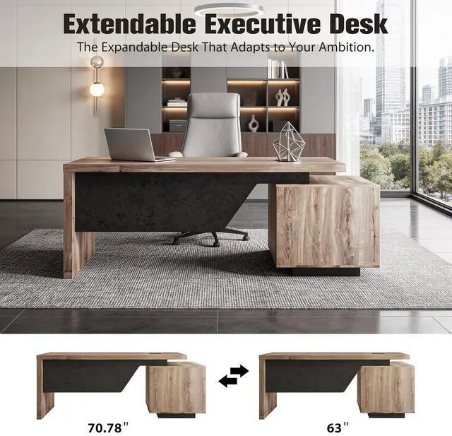 Alt view image 6 of 6 - Extendable Executive Office Desk 62.99" or 70.87", Large Home Office Desk with Reversible Storage Cabinet, Cable Management, Modern Workspace Desk for Business (Right)