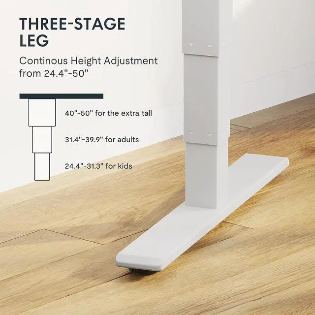 Alt view image 3 of 7 - E6 MAX Dual Motor 55x28 Inch 3-Stage Heavy Duty Standing Desk, 330lbs Weight Capacity, Height Adjustable Desk w/Cable Management & Wheels (Seamless White Desktop + White Frame)