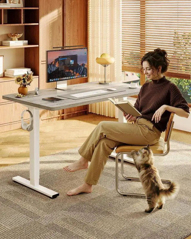 Alt view image 2 of 7 - EN1 One-Piece Standing Desk with 1-Inch Thick Seamless Desktop, 48"x24" Electric Height Adjustable Desk for Home Office, Multi-Monitor Setups & Easy Assembly, Gray Wood