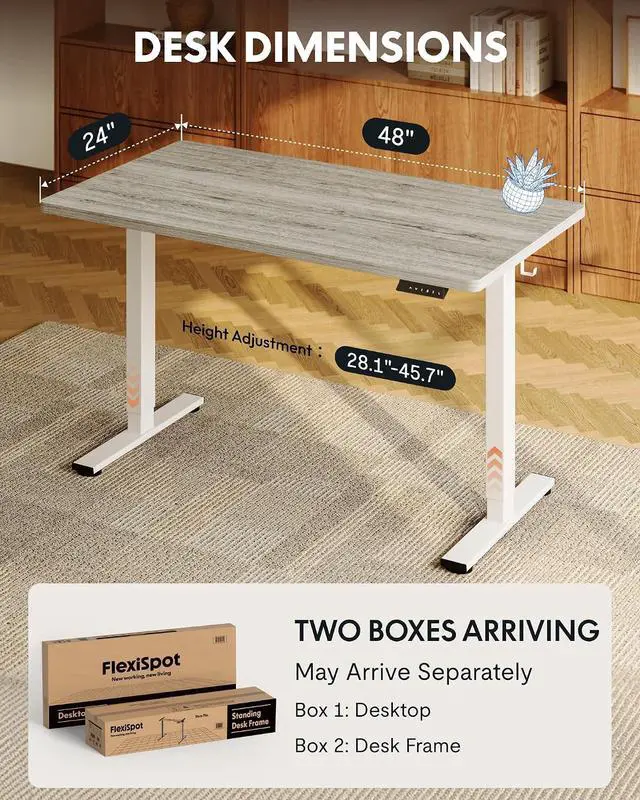 Alt view image 5 of 7 - EN1 One-Piece Standing Desk with 1-Inch Thick Seamless Desktop, 48"x24" Electric Height Adjustable Desk for Home Office, Multi-Monitor Setups & Easy Assembly, Gray Wood
