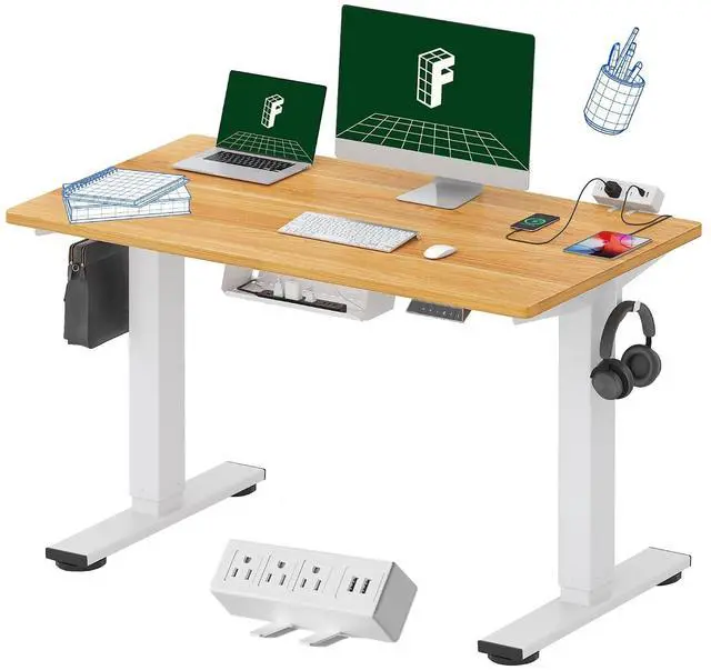 Main image of EN2 Whole-Piece Standing Desk with Clamp Power Strip, 48 x 24 Electric Height Adjustable Desk with Cable Management for Workstation (White Frame + 48" Maple Top)