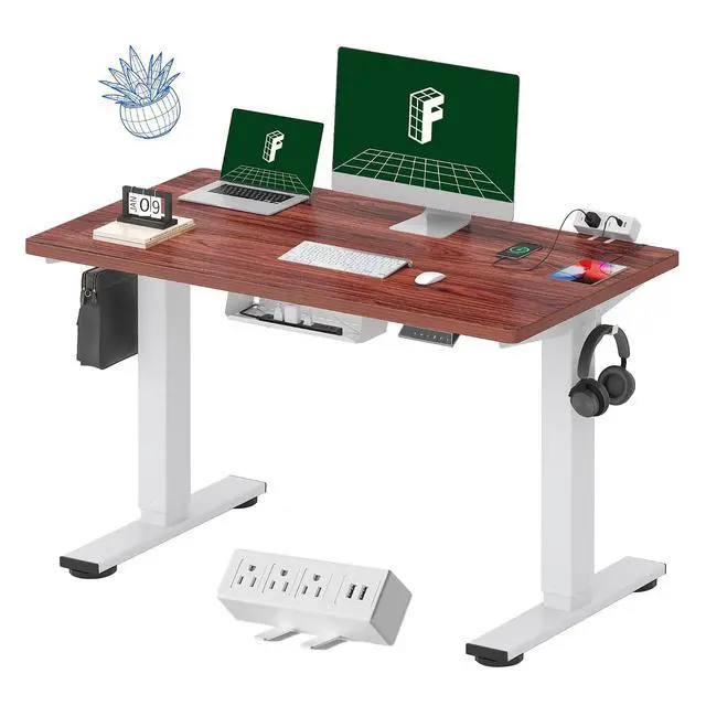 Main image of EN2 Whole-Piece Standing Desk with Clamp Power Strip, 48 x 24 Electric Stand Up Height Adjustable Desk with Cable Management (White Frame + 48" Mahogany Desktop, 2 Packages)