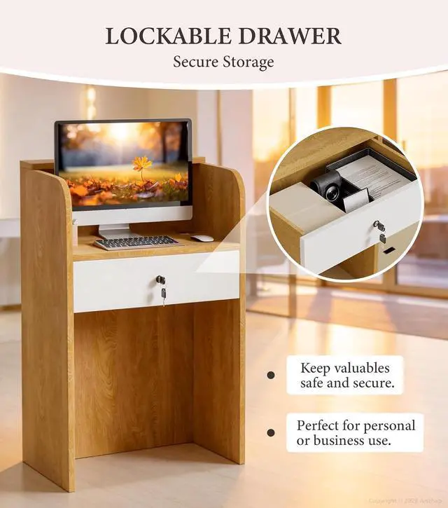 Alt view image 6 of 7 - 23.6" Small Reception Desk with Counter, LED Lighting, Locking Drawer, Cable Grommet for Office, Salon, Retail, Easy Assembly (Natural)