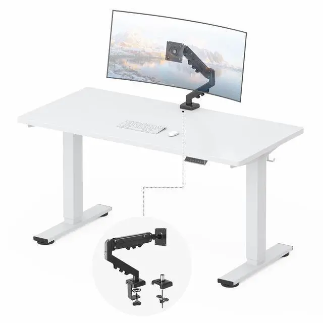 Main image of EN2 55''x28'' Standing Desk with Monitor Mount Bundle, 1" Thick One-Piece Desktop, Fully Adjustable Single Monitor Arm with Cable Management, Bundle for Home Office, Gaming & Study, White