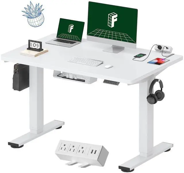 Main image of EN2 Whole-Piece Standing Desk with Clamp Power Strip, 48 x 30 Electric Stand Up Height Adjustable Desk with Cable Management (White Frame + 48" White Desktop, 2 Packages)