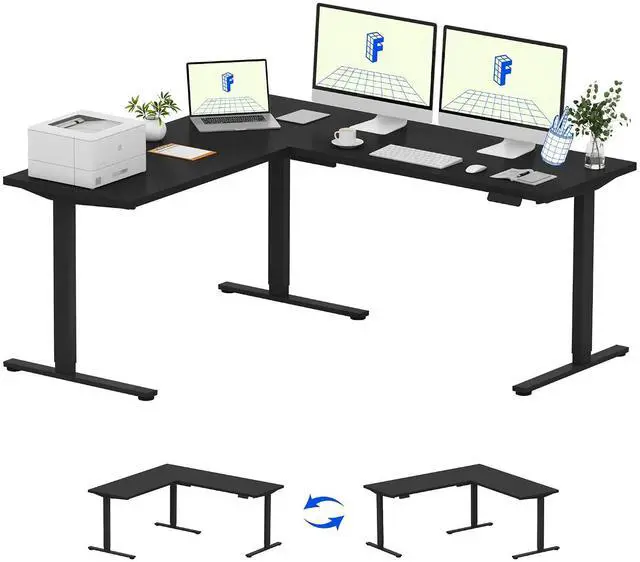Main image of L Shaped Standing Desk, 71 x 63 Inch Electric Height Adjustable Corner Desk, Sit Stand Computer Workstation, Preset Controller, Home Office, Black Frame with Black Top