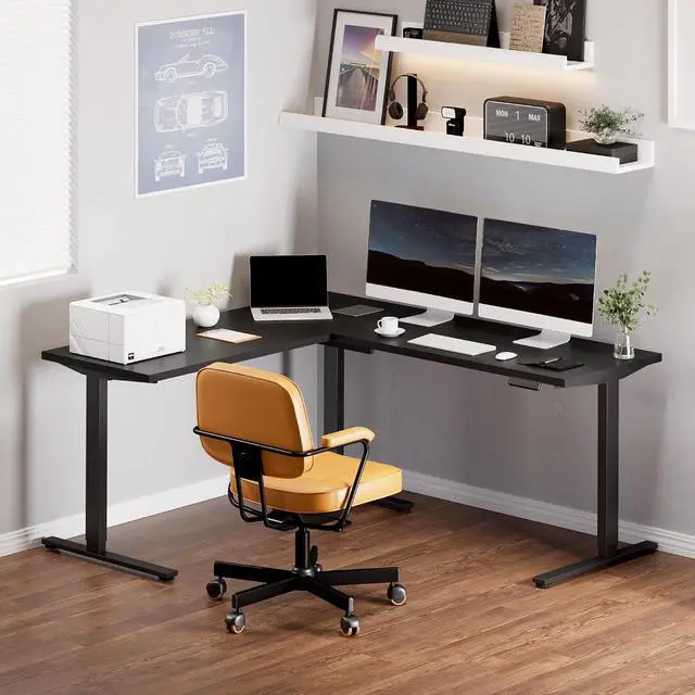 Alt view image 2 of 7 - L Shaped Standing Desk, 71 x 63 Inch Electric Height Adjustable Corner Desk, Sit Stand Computer Workstation, Preset Controller, Home Office, Black Frame with Black Top