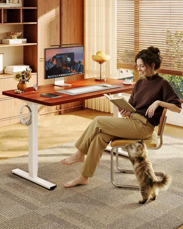 Alt view image 2 of 7 - EN1 One-Piece Standing Desk with 1-Inch Thick Seamless Desktop, 60"x24" Electric Height Adjustable Desk for Home Office, Multi-Monitor Setups & Easy Assembly, Mahogany