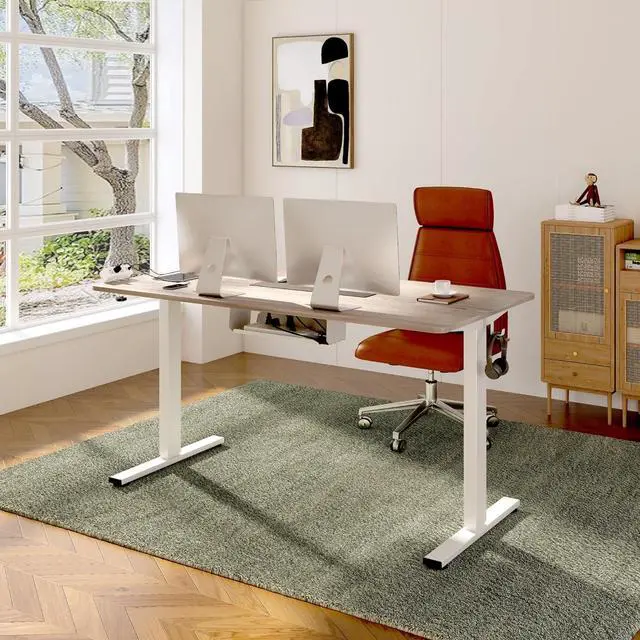 Alt view image 2 of 7 - EN2 Whole-Piece Standing Desk with Clamp Power Strip, 60 x 24 Electric Stand Up Height Adjustable Desk with Cable Management (White Frame + 55" White Wood Grain Desktop, 2 Packages)