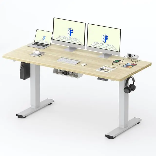 Main image of EN2 Whole-Piece Standing Desk with Clamp Power Strip, 60 x 24 Electric Stand Up Height Adjustable Desk with Cable Management (White Frame + 55" White Wood Grain Desktop, 2 Packages)