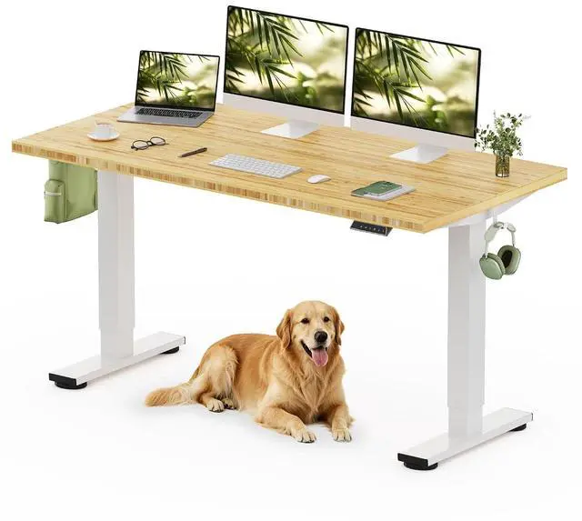 Main image of Solid Bamboo Standing Desk, 60" x 30" Real Bamboo Desktop with Natural Grain, Durable & Sustainable Workstation for Home Office and Multi-Monitor Setups (White Frame)