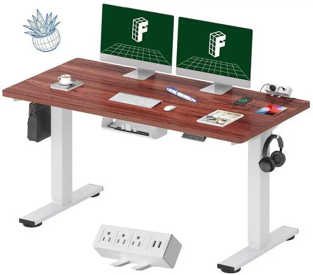 Main image of EN2 Whole-Piece Standing Desk with Clamp Power Strip, 55 x 28 Electric Stand Up Height Adjustable Desk with Cable Management (White Frame + 55" Mahogany Top, 2 Packages)