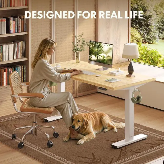 Alt view image 3 of 7 - Solid Bamboo Standing Desk, 60" x 30" Real Bamboo Desktop with Natural Grain, Durable & Sustainable Workstation for Home Office and Multi-Monitor Setups (White Frame)