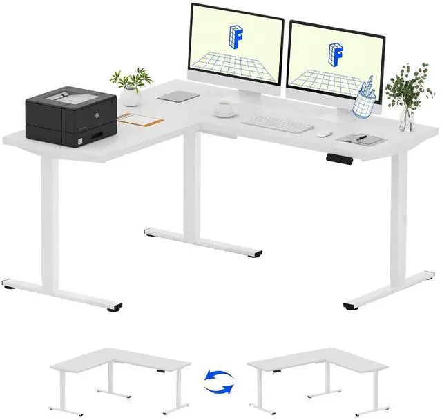 Main image of L Shaped Standing Desk, 63 x 55 Inch Electric Height Adjustable Corner Desk, Sit Stand Computer Workstation, Preset Controller, Home Office, White Frame with White Top