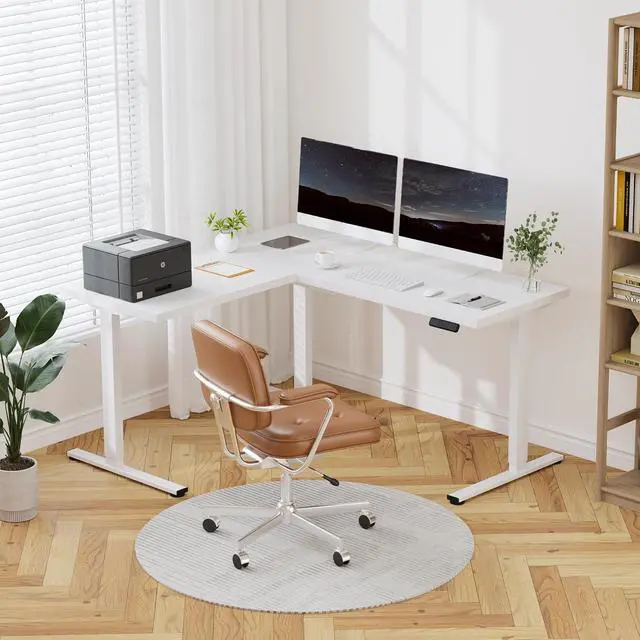 Alt view image 2 of 7 - L Shaped Standing Desk, 63 x 55 Inch Electric Height Adjustable Corner Desk, Sit Stand Computer Workstation, Preset Controller, Home Office, White Frame with White Top