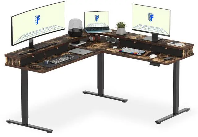Main image of 71'' L Shaped Standing Desk Electric Corner Table with Shelf, 4 Storage Drawers, Adjustable Computer Workstation for Home, Office, Game, Studio, Rustic Brown Top + Black Frame