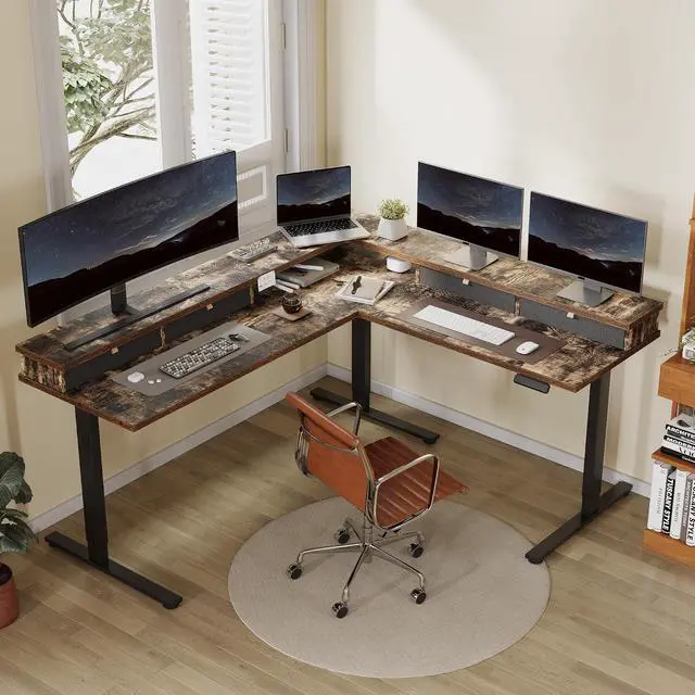 Alt view image 2 of 7 - 71'' L Shaped Standing Desk Electric Corner Table with Shelf, 4 Storage Drawers, Adjustable Computer Workstation for Home, Office, Game, Studio, Rustic Brown Top + Black Frame