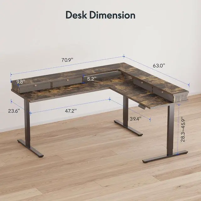 Alt view image 3 of 7 - 71'' L Shaped Standing Desk Electric Corner Table with Shelf, 4 Storage Drawers, Adjustable Computer Workstation for Home, Office, Game, Studio, Rustic Brown Top + Black Frame